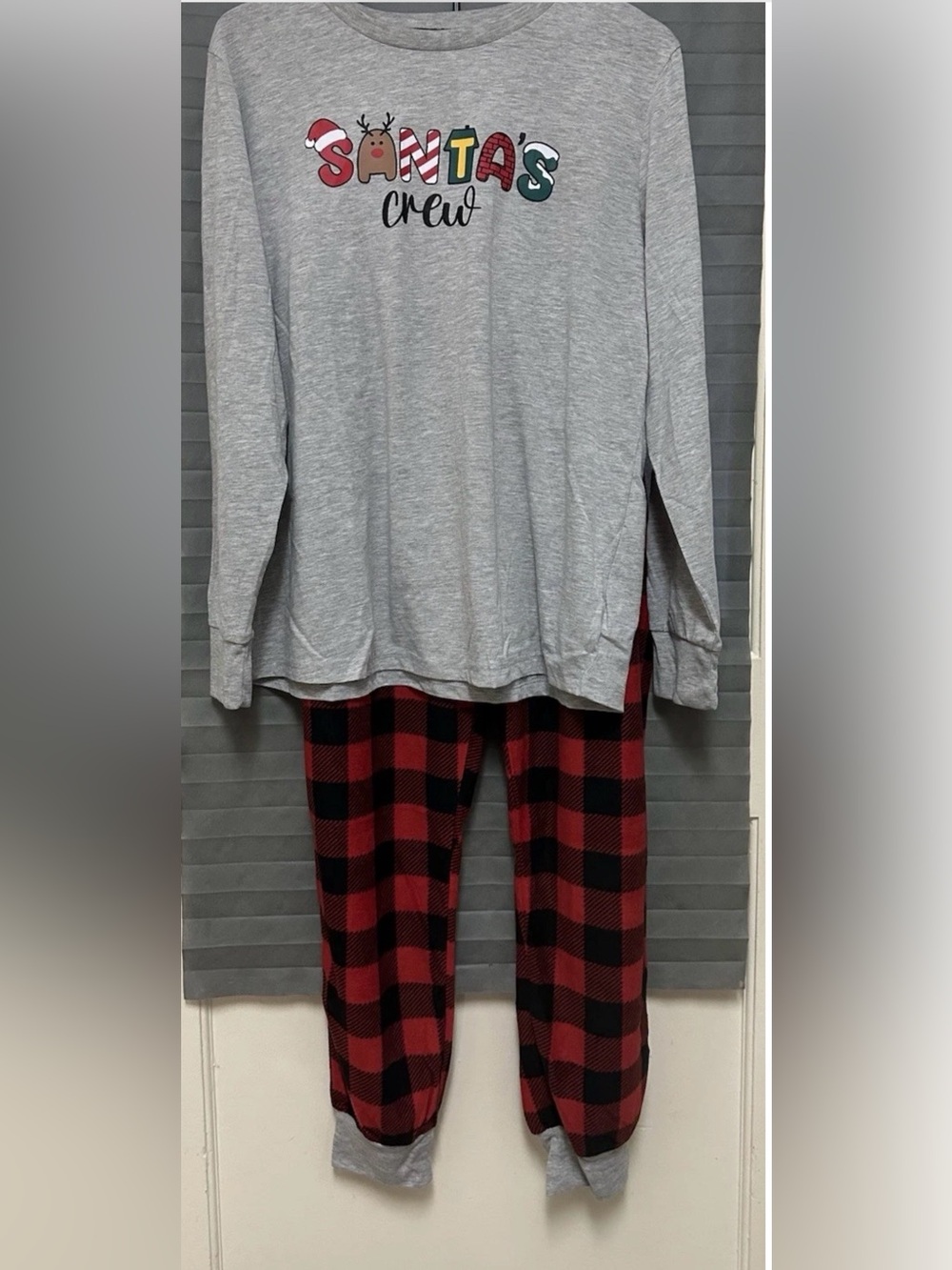 Santa's Crew Mens Gray Top & Red Buffalo Plaid Pajama Set